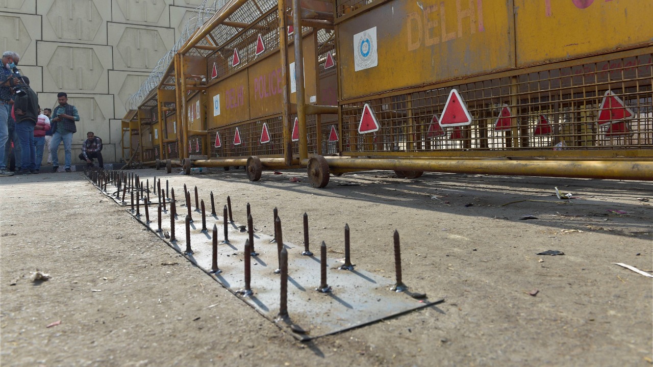 February 2 | As protests and protestors' voices gained further momentum, the Delhi police increased barricades across Delhi's borders and even placed a bed of iron nails to prevent a repeat of Republic Day | Credit: PTI File Photo