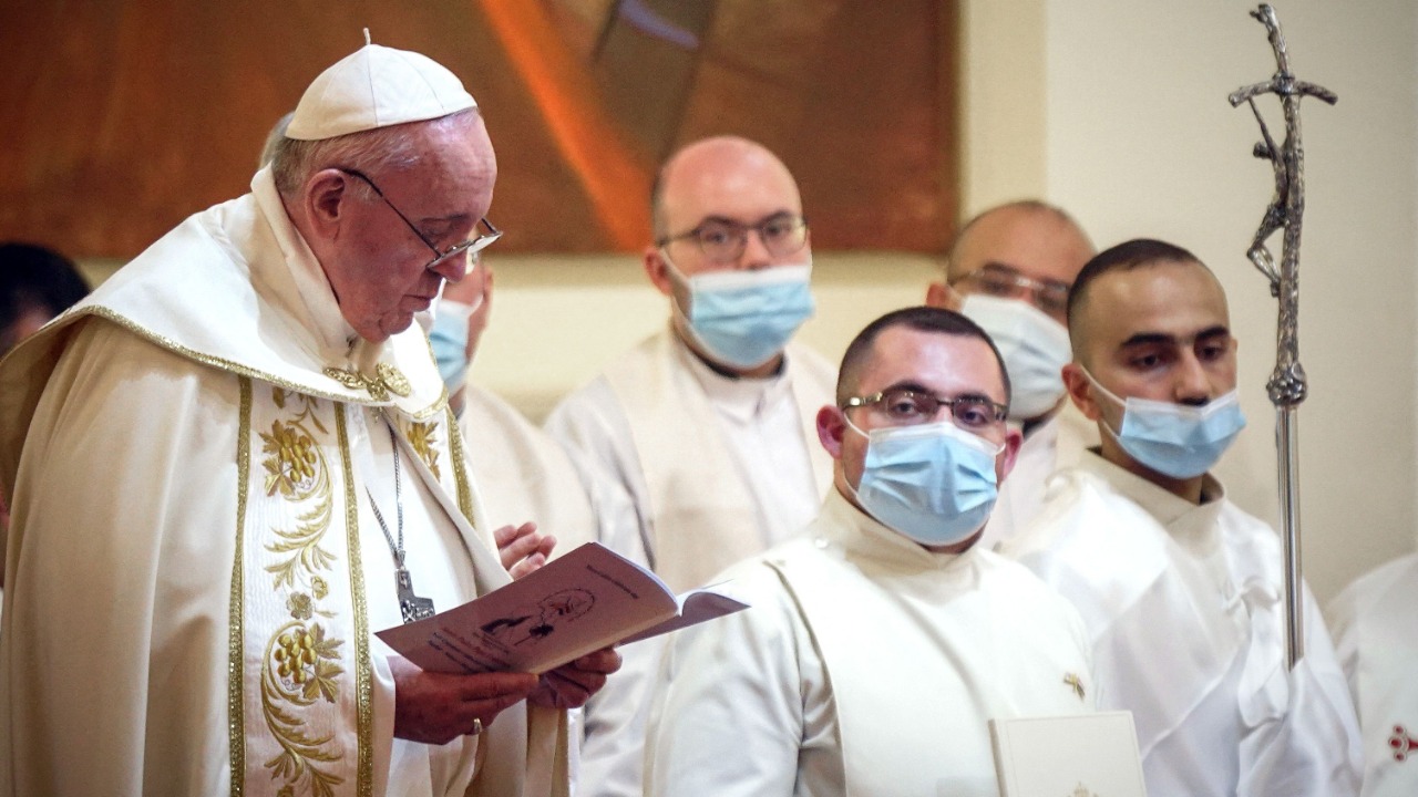 Pope Francis leads mass at Baghdad's Saint Joseph Cathedral on the second day of the first papal visit to Iraq. Credit: AFP Photo