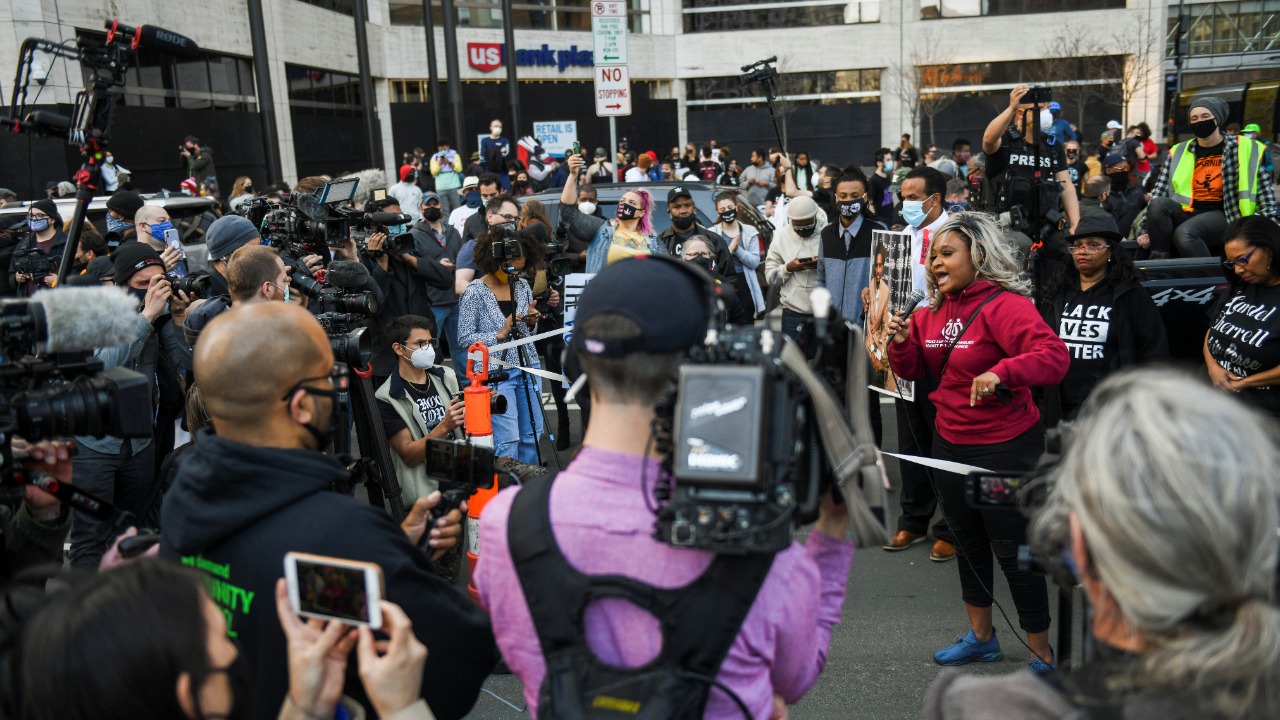 Toshira Garroway addresses demonstrators during a rally outside the Hennepin County Government Center during the first day of the trial of Derek Chauvin, the former Minneapolis policeman accused of killing George Floyd, in Minneapolis, Minnesota. Credit: Reuters Photo