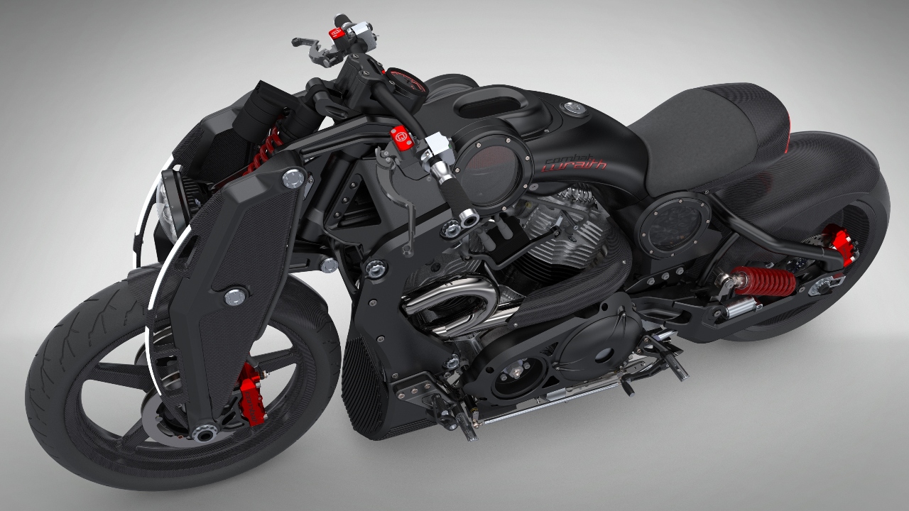 The girder front suspension bears a nod to the past as well, as the LED light blade carbon housing resembles the arched signature appearance of the original Wraith. Adding function to this iconic form, solid carbon fiber panels guide air directly into the triangular air intake portals. Thoughtful integration and styling elevate the original 5-axis machined aircraft grade 6061 aluminum girders from the P-51 Combat Fighter to the Wraith’s elegant carbon fiber detailing.