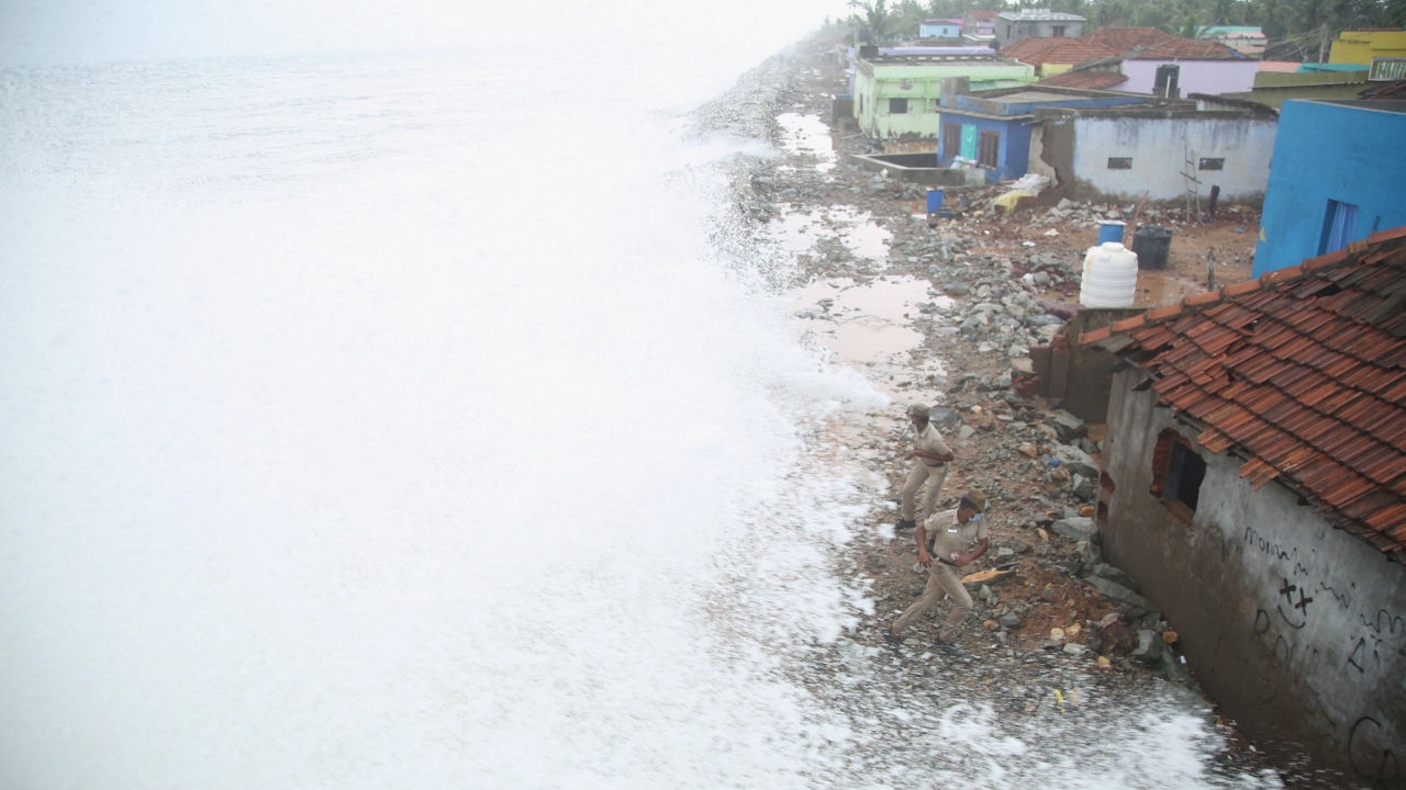 Waves washed the shore in Puthurai, in Kanyakumari, spreading to parts of the town. Credit: PTI