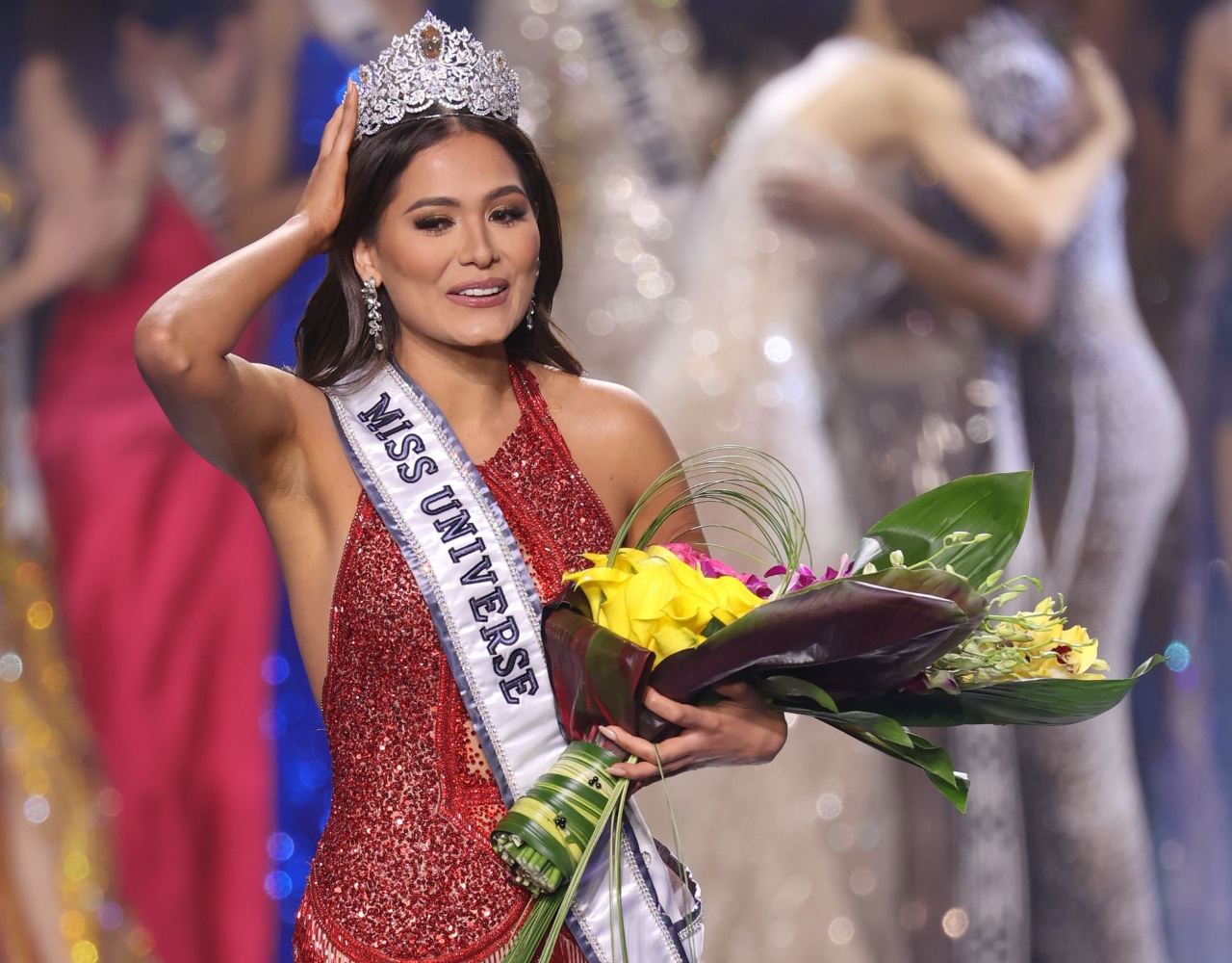 Miss Mexico Andrea Meza reacts after being crowned Miss Universe 2020.
