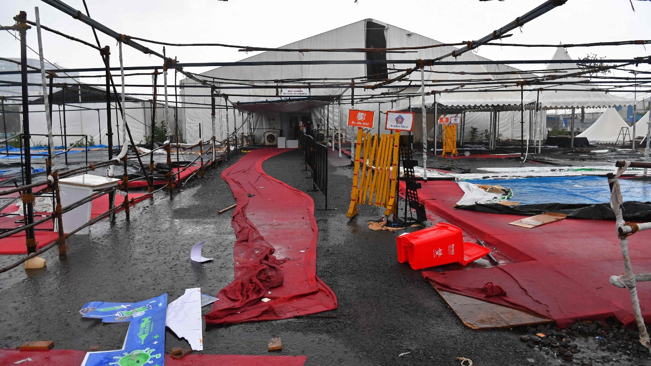 A damaged part of the BKC Jumbo Covid-19 coronavirus vaccination centre. Credit: AFP