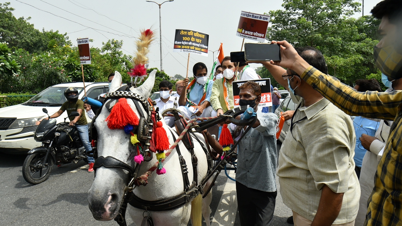 The protesters pulled bullock carts, rode horse carts, staged a street play, pulled a car using a rope and set another on fire to highlight their concerns.