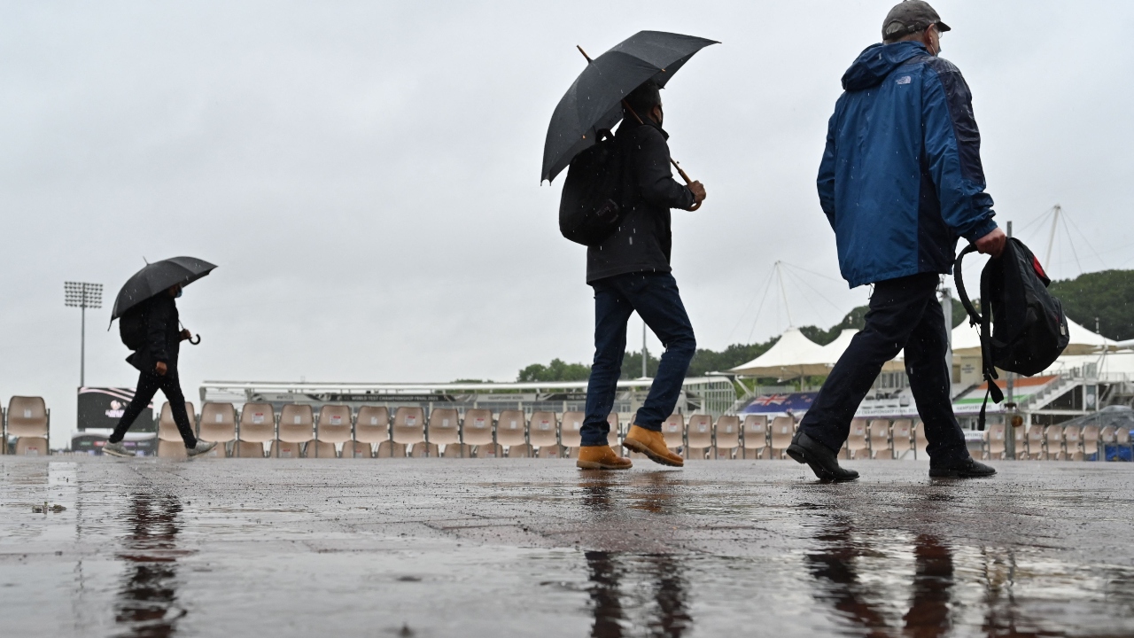 Overnight and early morning rain meant the pitch and square at Hampshire's headquarters remained fully covered when the match should have resumed at 10:30 am local time (0930 GMT). Credit: AFP Photo