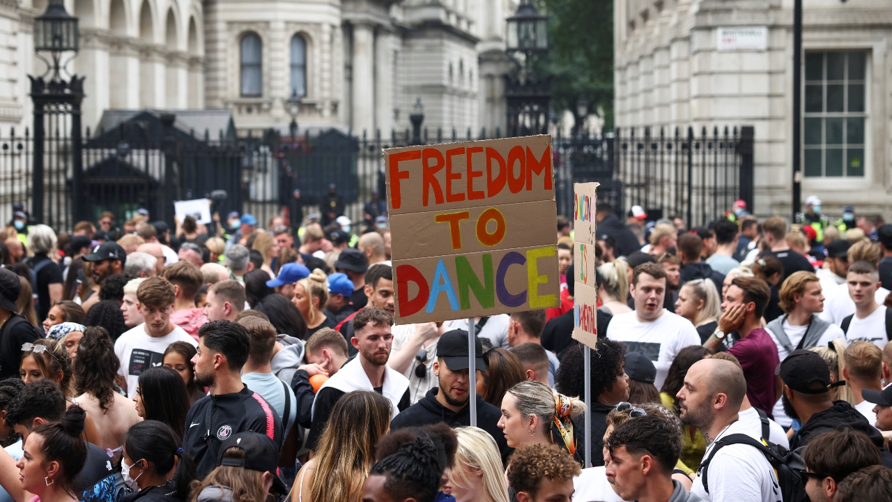 Thousands of demonstrators stage a protest in London.