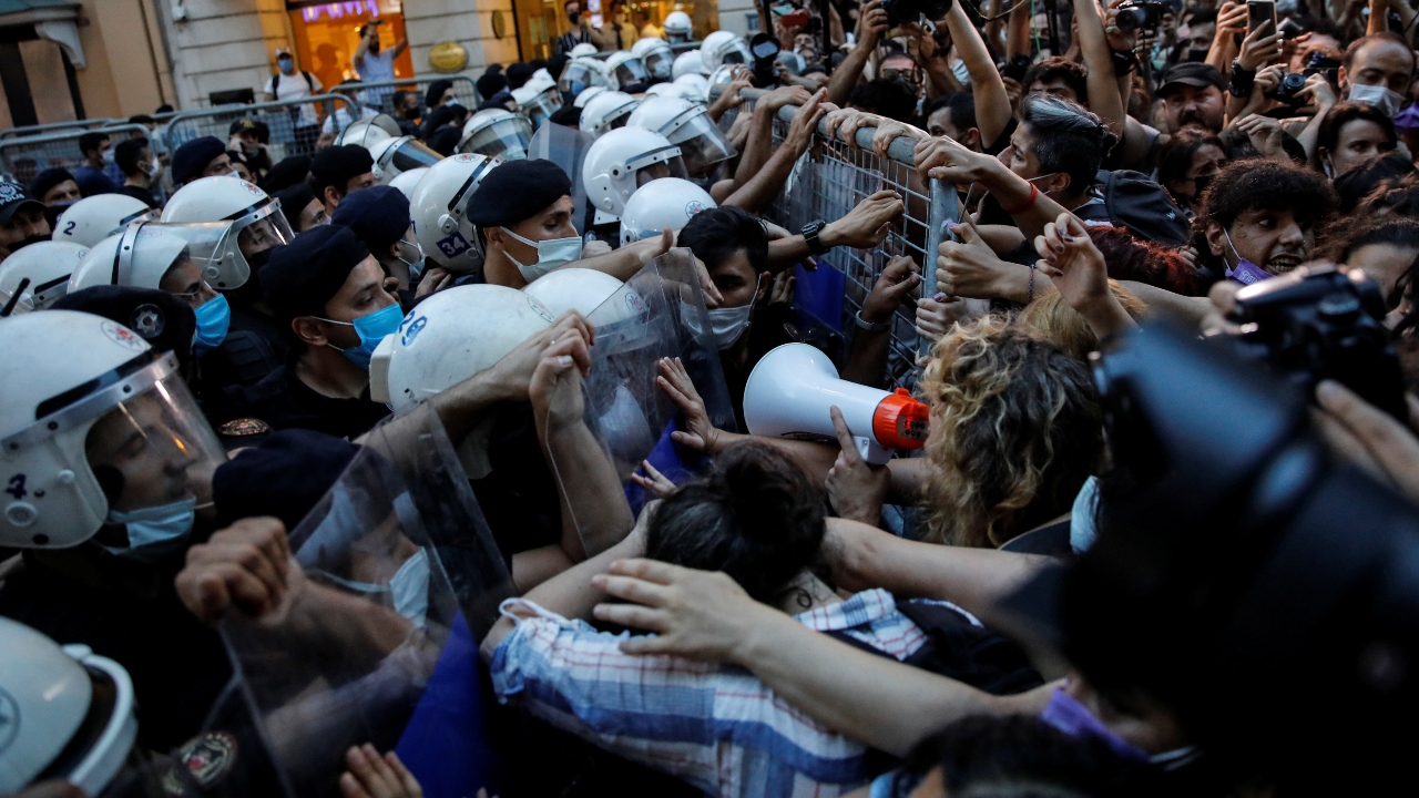 Hundreds of women gathered amid a heavy police presence in Istanbul's main pedestrian thoroughfare. Credit: Reuters Photo
