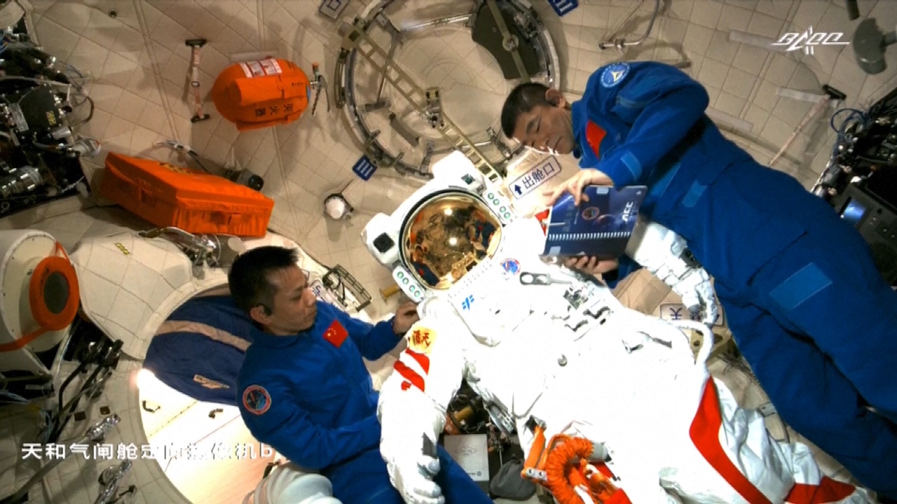 The station's first module, Tianhe, or Heavenly Harmony, was launched April 29. That was followed by an automated spacecraft with food and fuel. Liu, Nie and Tang arrived June 17 aboard a Shenzhou capsule. Credit: AFP Photo