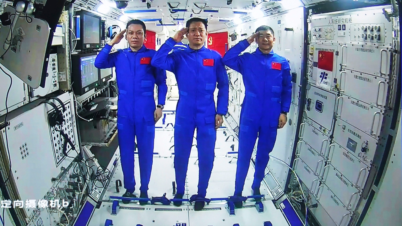 The astronauts arrived June 17 for a three-month mission aboard China's third orbital station, part of an ambitious space program that landed a robot rover on Mars in May. Their mission comes as the ruling Communist Party celebrates the 100th anniversary of its founding. Credit: AFP Photo
