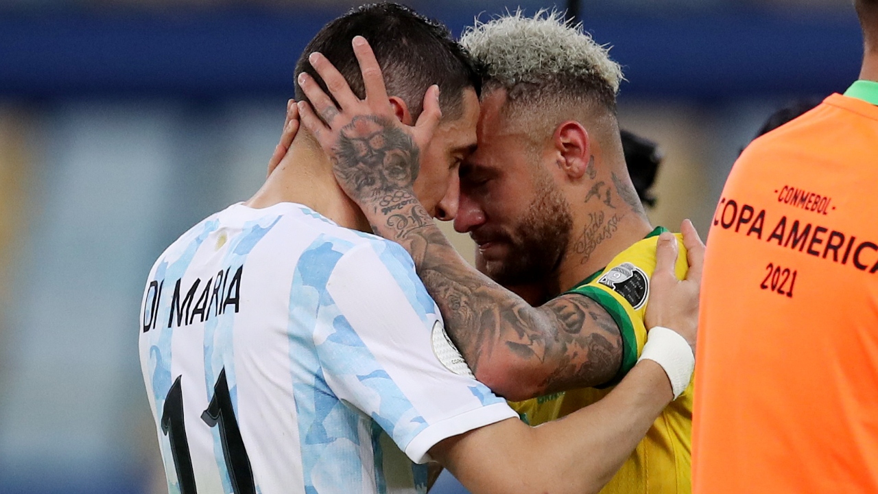 Angel Di Maria and Neymar share an emotional moment. Credit: Reuters Photo