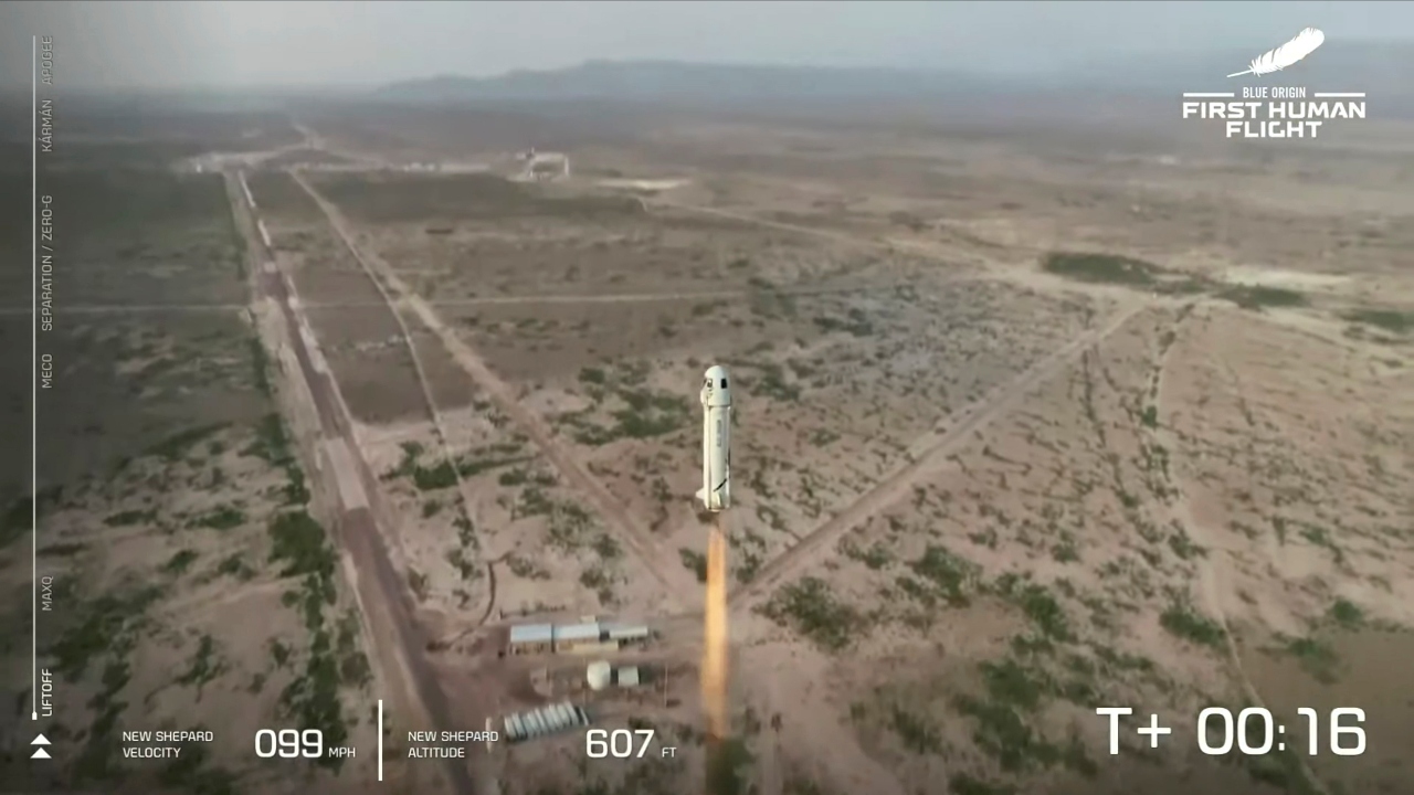 Jeff Bezos was launched with three crew members aboard a New Shepard rocket on the world's first unpiloted suborbital flight from Blue Origin's Launch Site 1 near Van Horn, Texas. Credit: Blue Origin/Handout via Reuters
