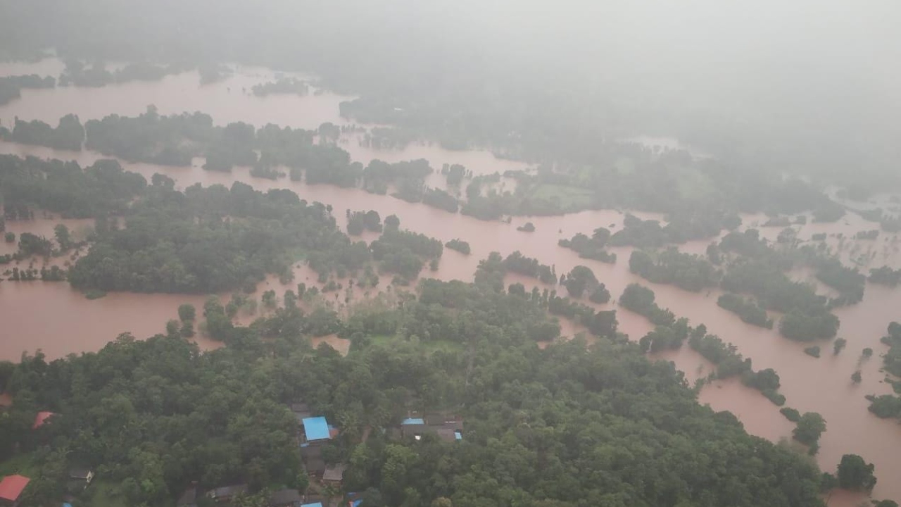 Major rivers in Ratnagiri district, including Jagbudi, Vashishti, Kodavali, Shastri, Bav have been flowing above the danger level following heavy rains. Credit: IAF