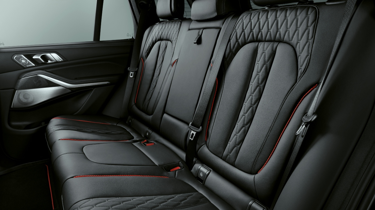 BMW Individual full leather trim in Merino Black is offered as standard, and additionally enhanced by edition-specific red contrast stitching for both the driver and front passenger seats.