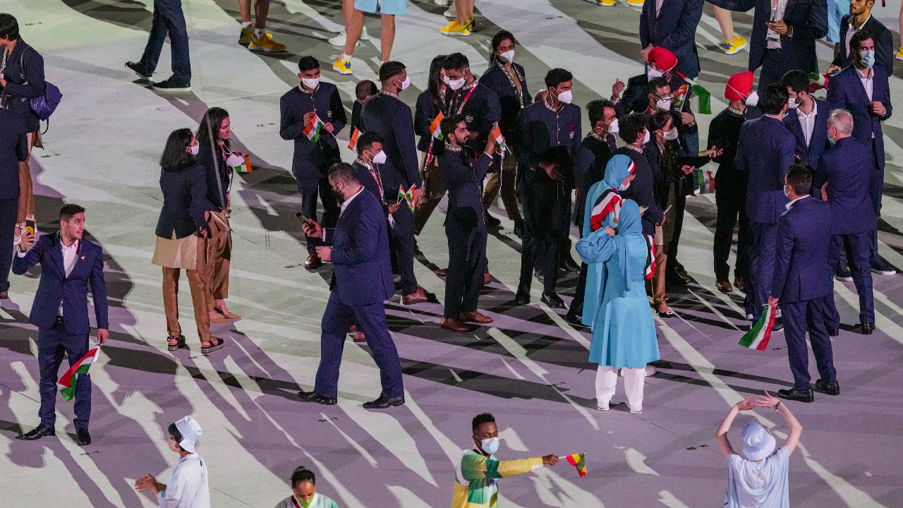 Indian contingent marches past at the Olympic Stadium during the opening ceremony of the Summer Olympics 2020 in Tokyo. Credit: PTI Photo