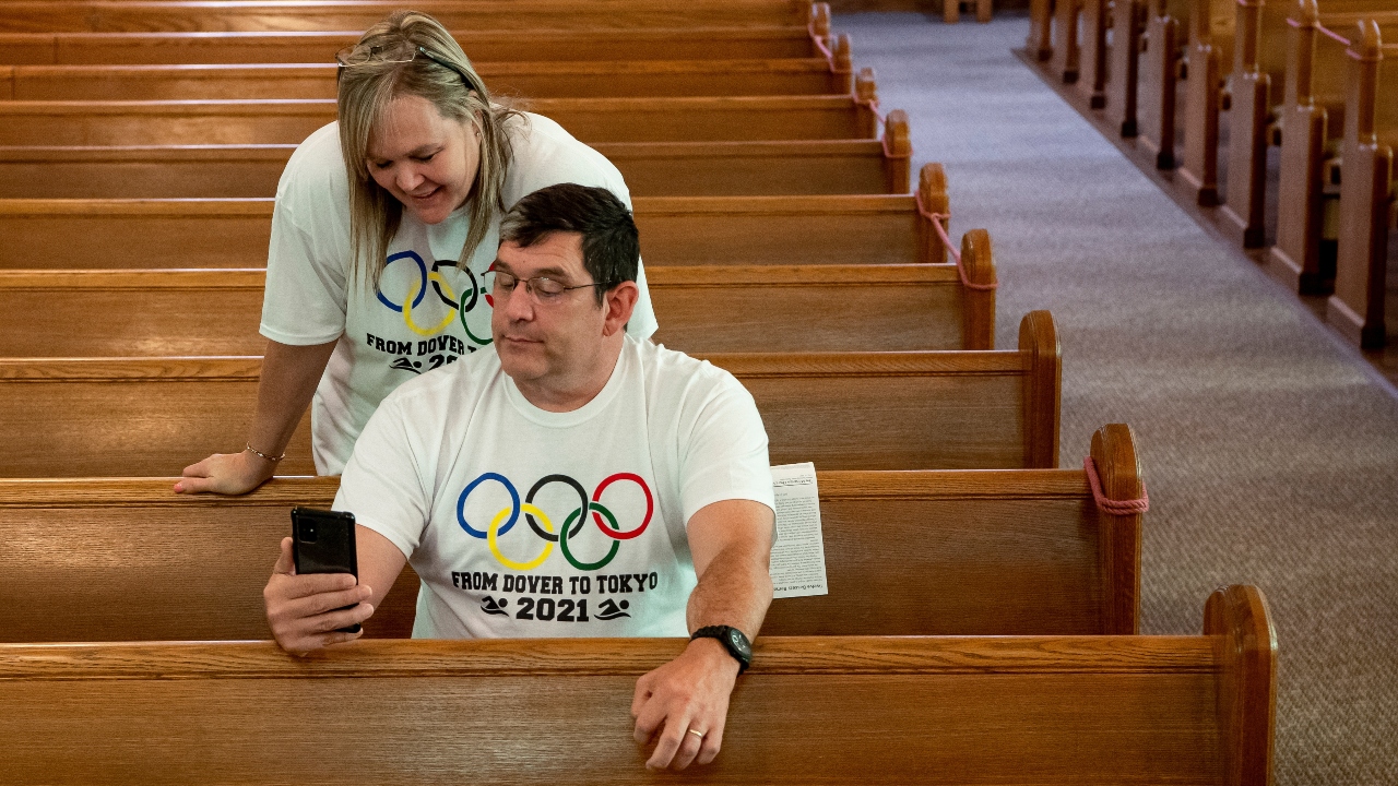 Ryan Armstrong and Edie Armstrong video chat with their son Hunter Armstrong. Credit: Reuters Photo