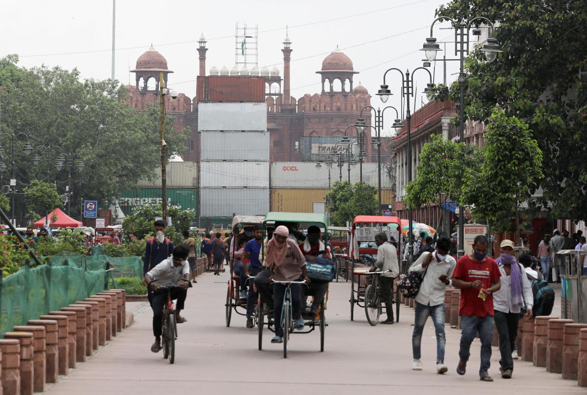 Containers are seen placed in front of the Red Fort ahead of India's Independence Day celebrations, in the old quarters of Delhi. Credit: Reuters Photo