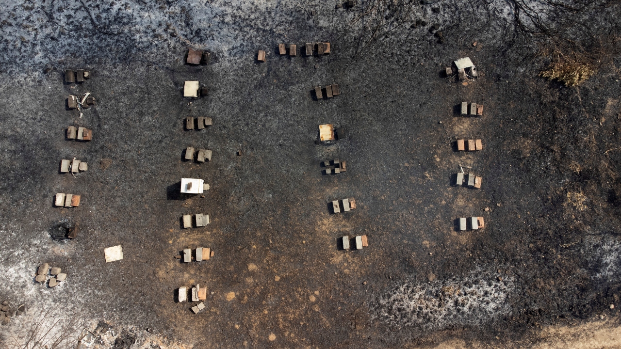 Burnt beehives are seen following a wildfire near the village of Galatsonas on the island of Evia, Greece. Credit: Reuters Photo