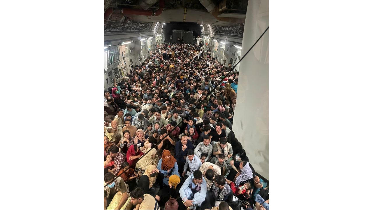 Evacuees crowd the interior of a U.S. Air Force C-17 Globemaster III transport aircraft departing Kabul. Credit: Reuters Photo