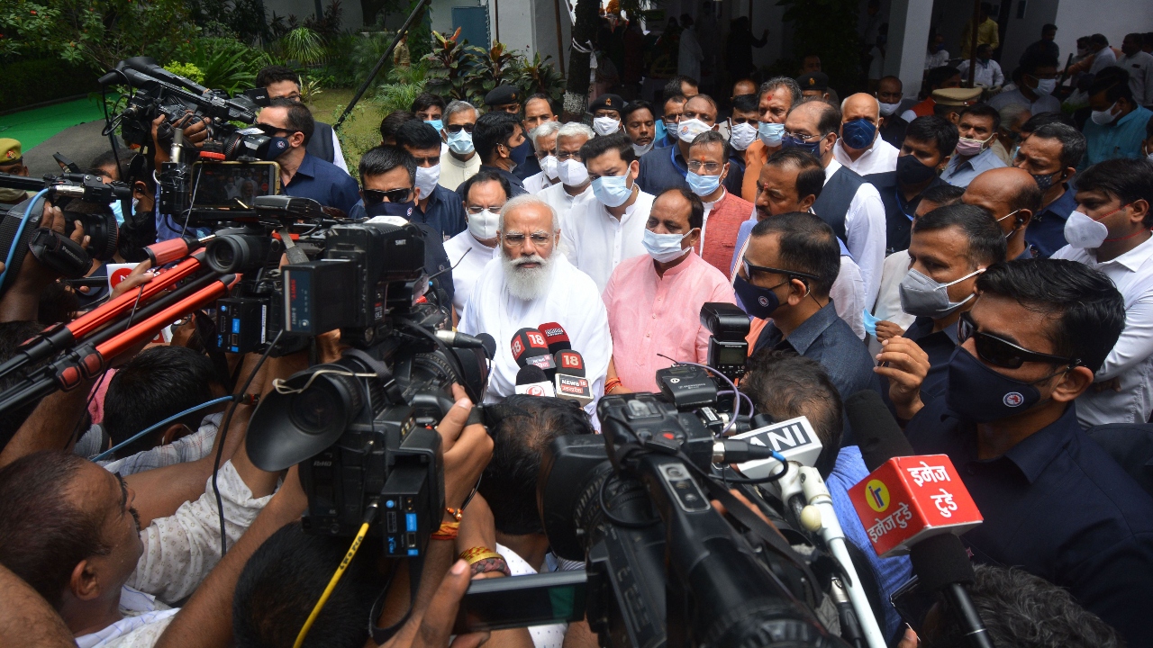 Prime Minister Narendra Modi addresses the gathered media, in Lucknow. Credit: PTI Photo