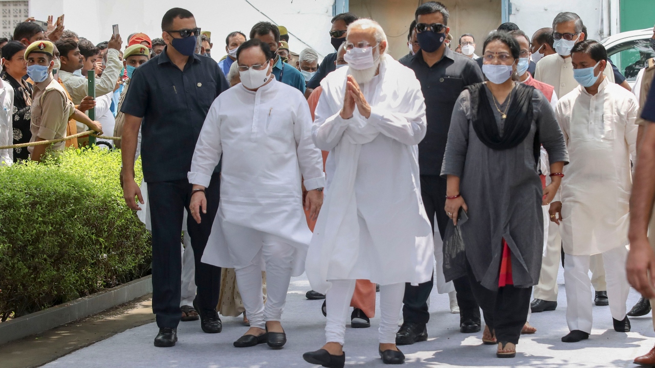 Prime Minister Narendra Modi, BJP chief JP Nadda and UP Chief Minister Yogi Adityanath arrive to pay their last respects to senior BJP leader and former Governor Kalyan Singh, in Lucknow. Credit: PTI Photo