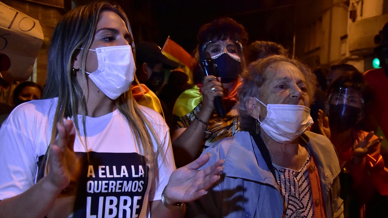 Daughther of Bolivia's former President Jeanine Anez, Carolina Ribera Anez and the President of the Permanent Human Rights Assembly of Bolivia (APDHB), Amparo Carvajal, take part in a demonstration for Bolivia's former president Anez to defend herself in freedom in Cochabamba, Bolivia. Credit: Reuters Photo