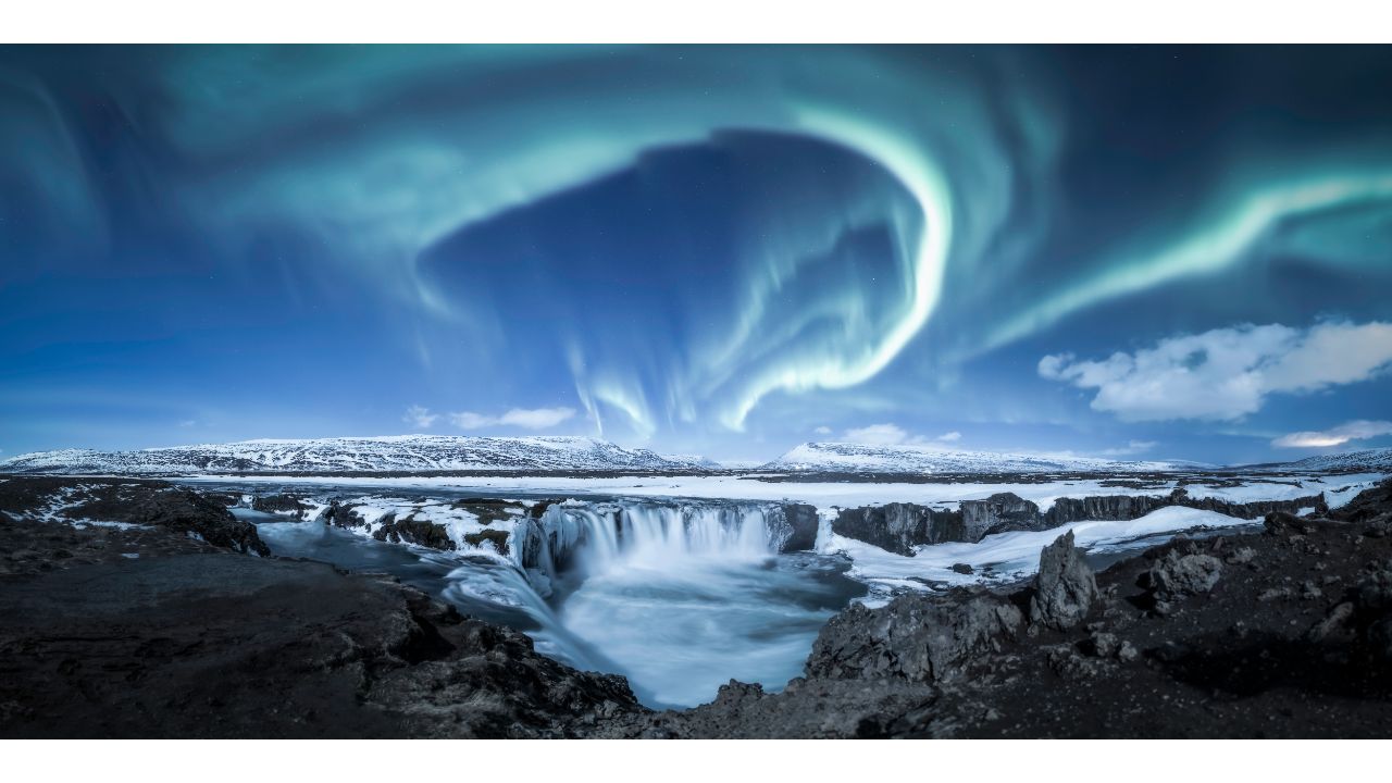 Aurorae Highly Commended: Goðafoss Flow. Credit: Royal Observatory Greenwich’s Astronomy Photographer of the Year 13 (2021) competition/exhibition - Larryn Rae (New Zealand)