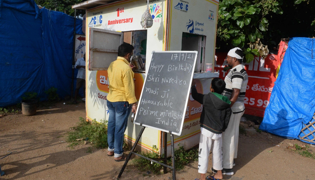 A charitable organisation in Hyderabad offered free foods under the scheme 'Feed the needy with Idli' on Prime Minister Narendra Modi on his 71st birthday. Credit: AFP Photo
