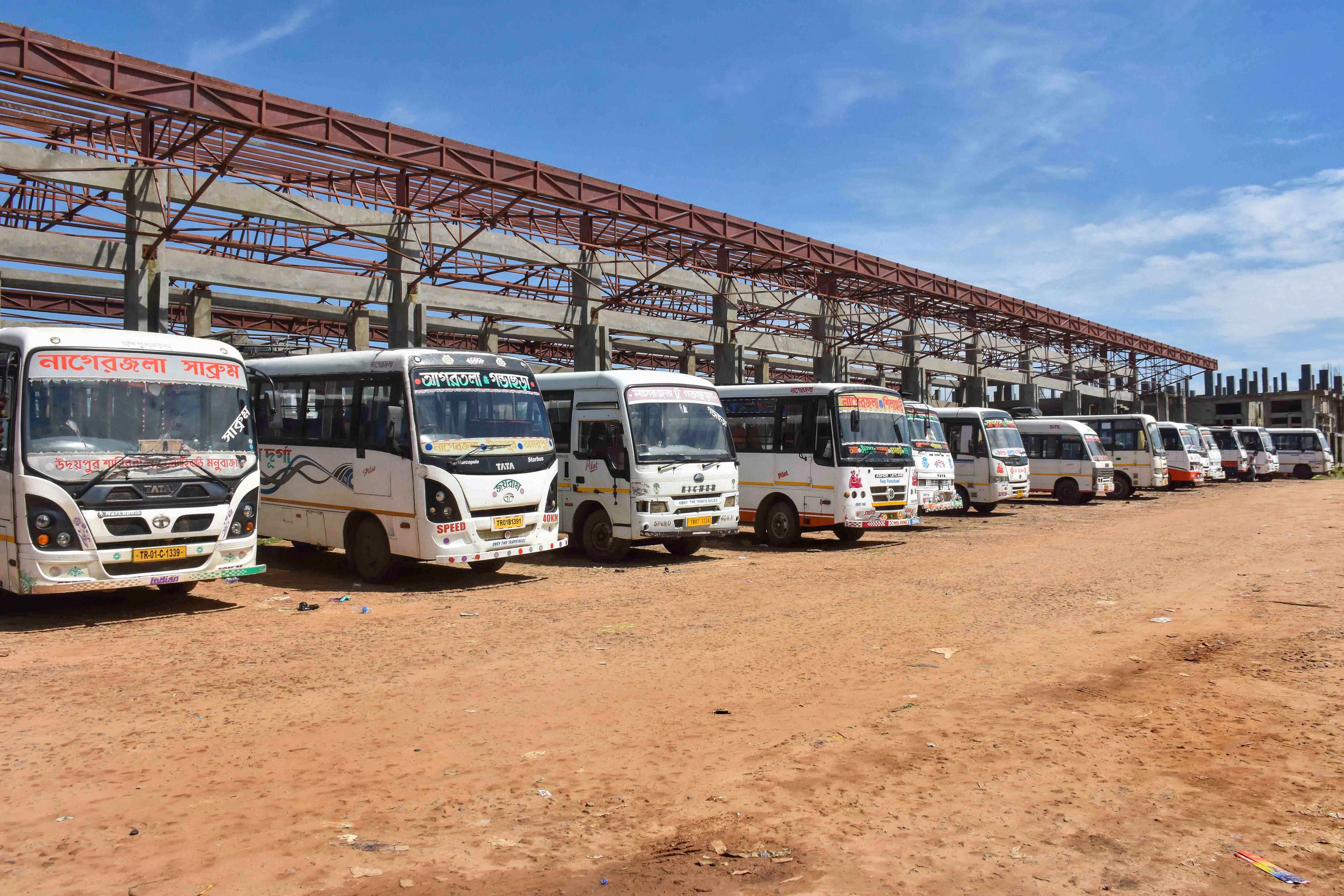 A view of a deserted bus stand after authorities imposed restrictions under section 144 to prevent protests across the city, during farmers' Bharat Bandh against central government's three farm reform laws, in Agartala. Credit: PTI Photo