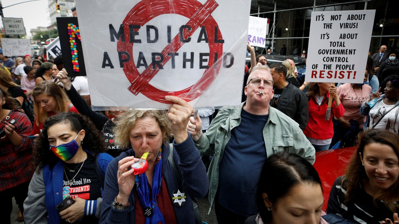 Protestors demonstrate against the mandate that teachers and staff in the New York City Schools system be vaccinated against Covid-19 in the Brooklyn borough of New York City. Credit: Reuters Photo