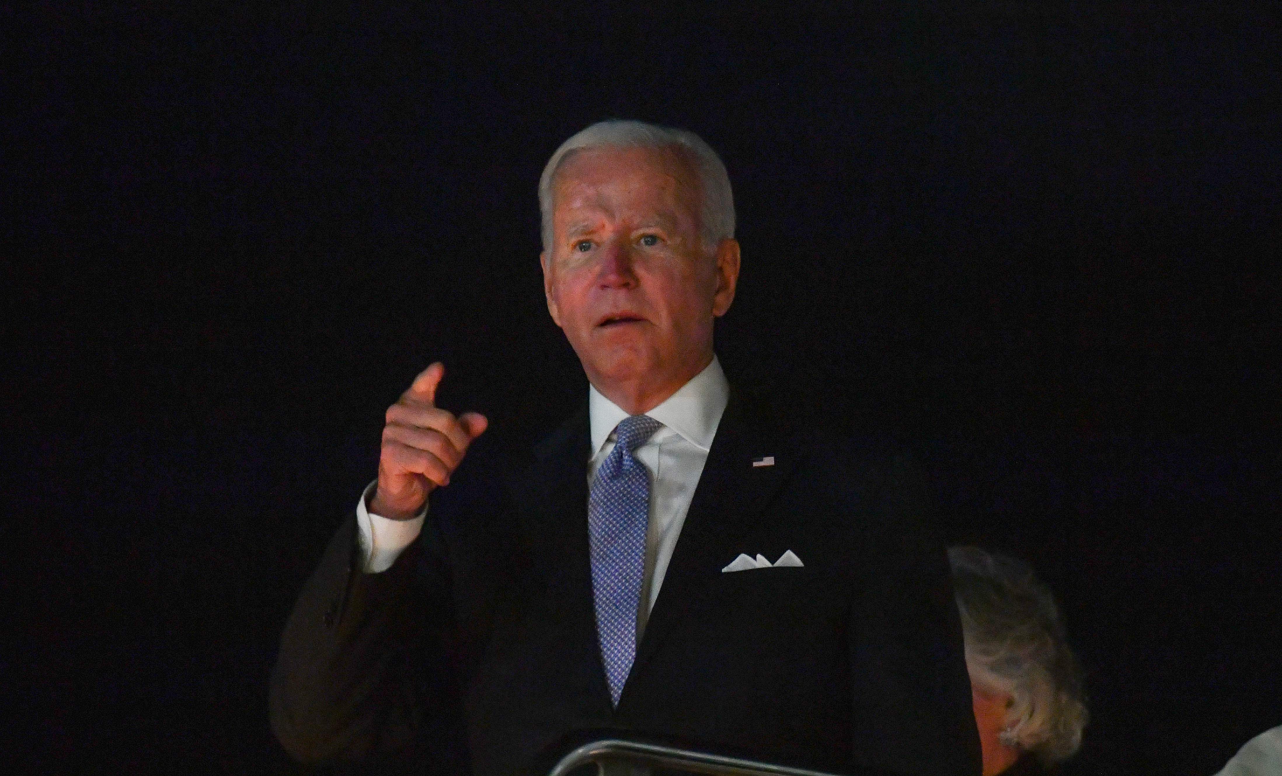 US President Joe Biden steps into Air Force One upon departure from Wilkes-Barre Scranton International Airport in Pittston, Pennsylvania. Credit: AFP Photo