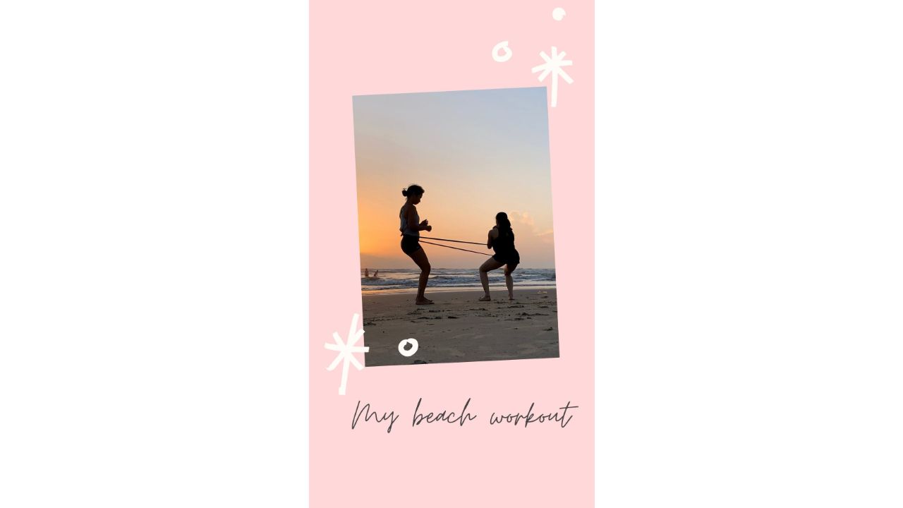 Even when the actress away from gym she makes sure to workout. In this photo, she is seen working out at a beach. Credit: Instagram/rashmika_mandanna