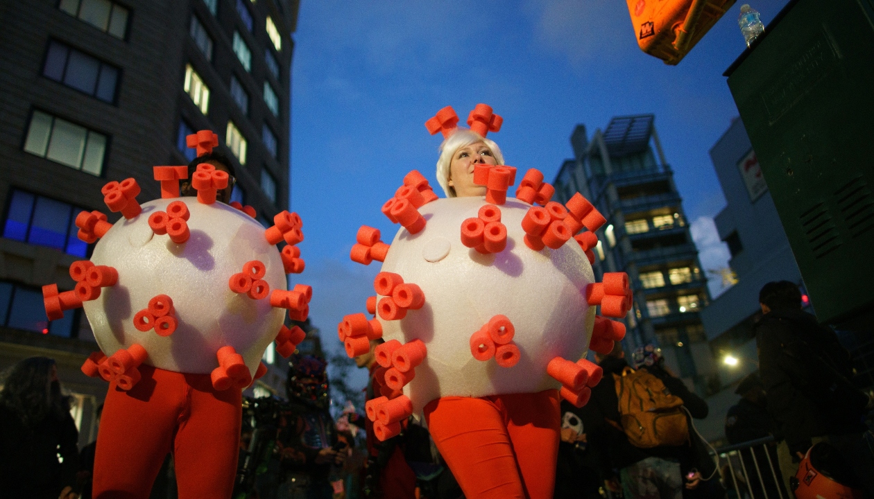 People dress up in the likeness of the SARS-CoV-2 virus, which caused Covid-19, during the NYC Halloween Parade at Lower Manhattan in New York. Credit: Reuters Photo