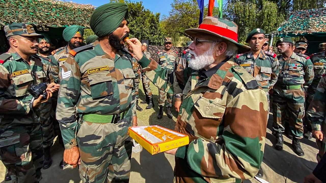 The decision of the Prime Minister to celebrate the 'Festival of Lights' with soldiers comes at a time when the army is carrying out one of the longest anti-terror operations in the twin districts of Poonch and Rajouri. Credit: PMO