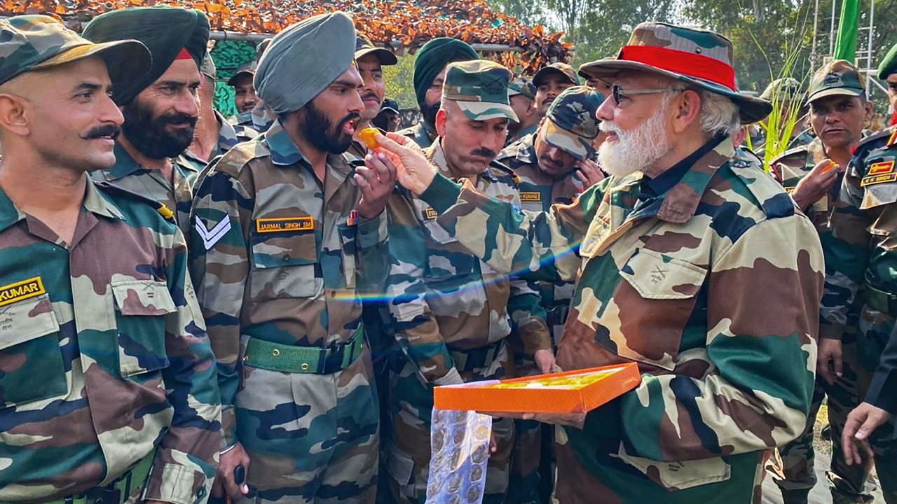 Prime Minister Narendra Modi met soldiers at Nowshera sector in the border district of Rajouri in Jammu and Kashmir on the occasion of Diwali. Credit: PMO