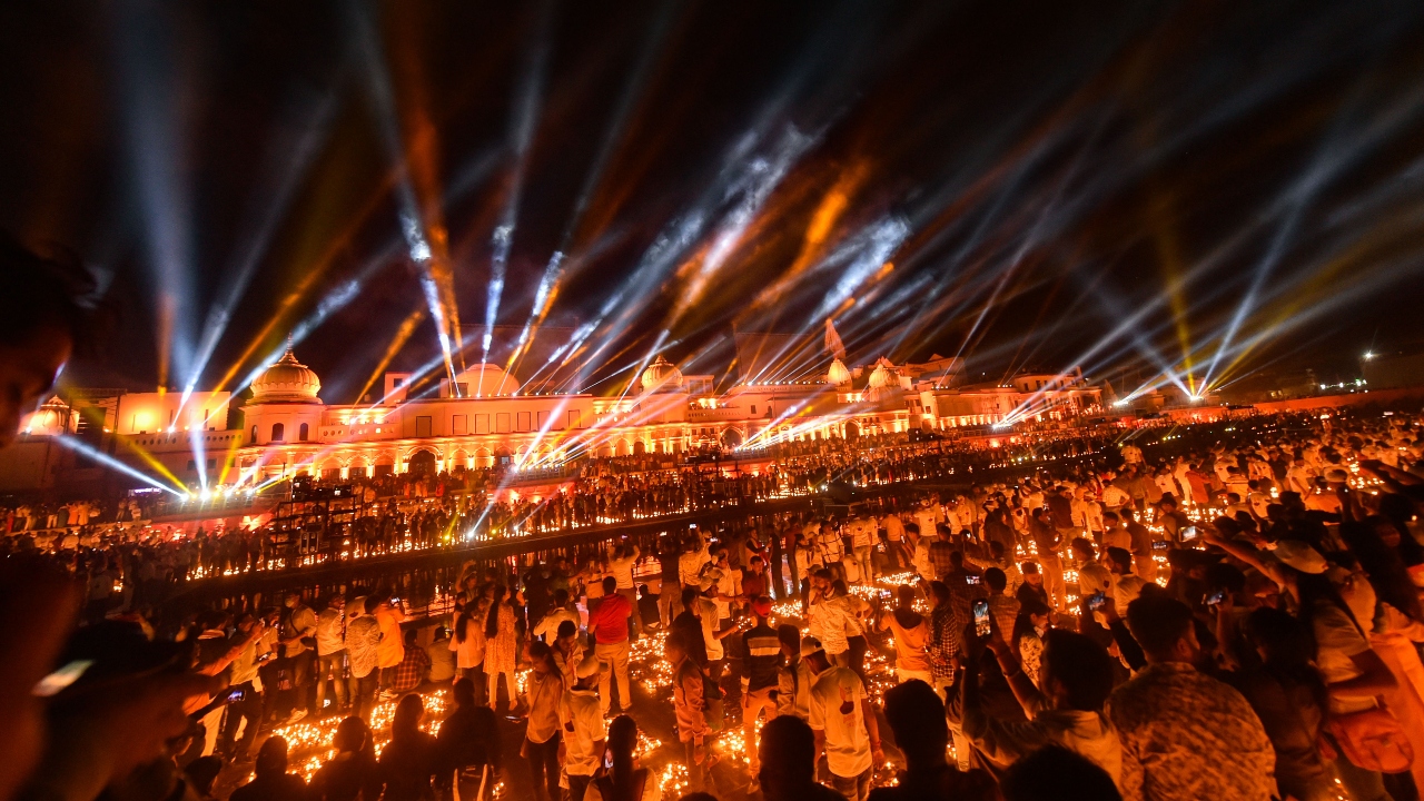 With over nine lakh diyas lit along the Saryu river during 'Deepotsav 2021', another world record has been created in Ayodhya, Uttar Pradesh. Credit: PTI Photo