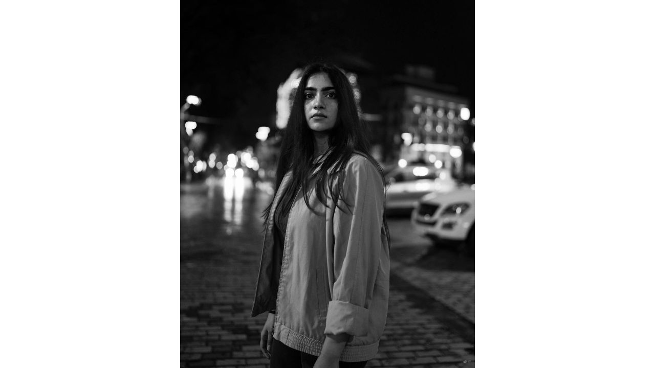 Rukmini looks drop dead gorgeous in this black and white photo. Credit: Instagram/rukmini_vasanth