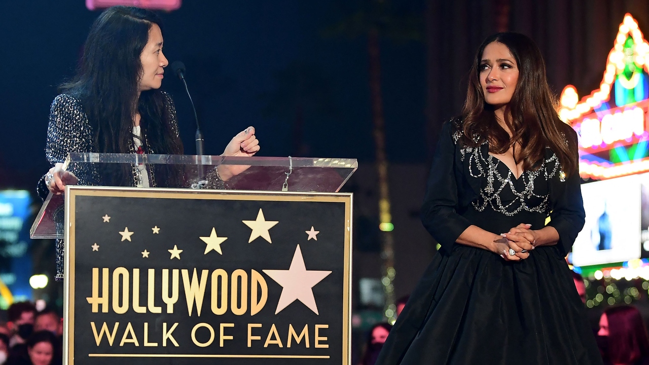 Filmmaker Chloe Zhao addresses the audience during Salma Hayek's Hollywood Walk of Fame Star unveiling ceremony in Hollywood, California. Zhao directed Hayek in Marvel film Eternals (2021). Credit: AFP Photo