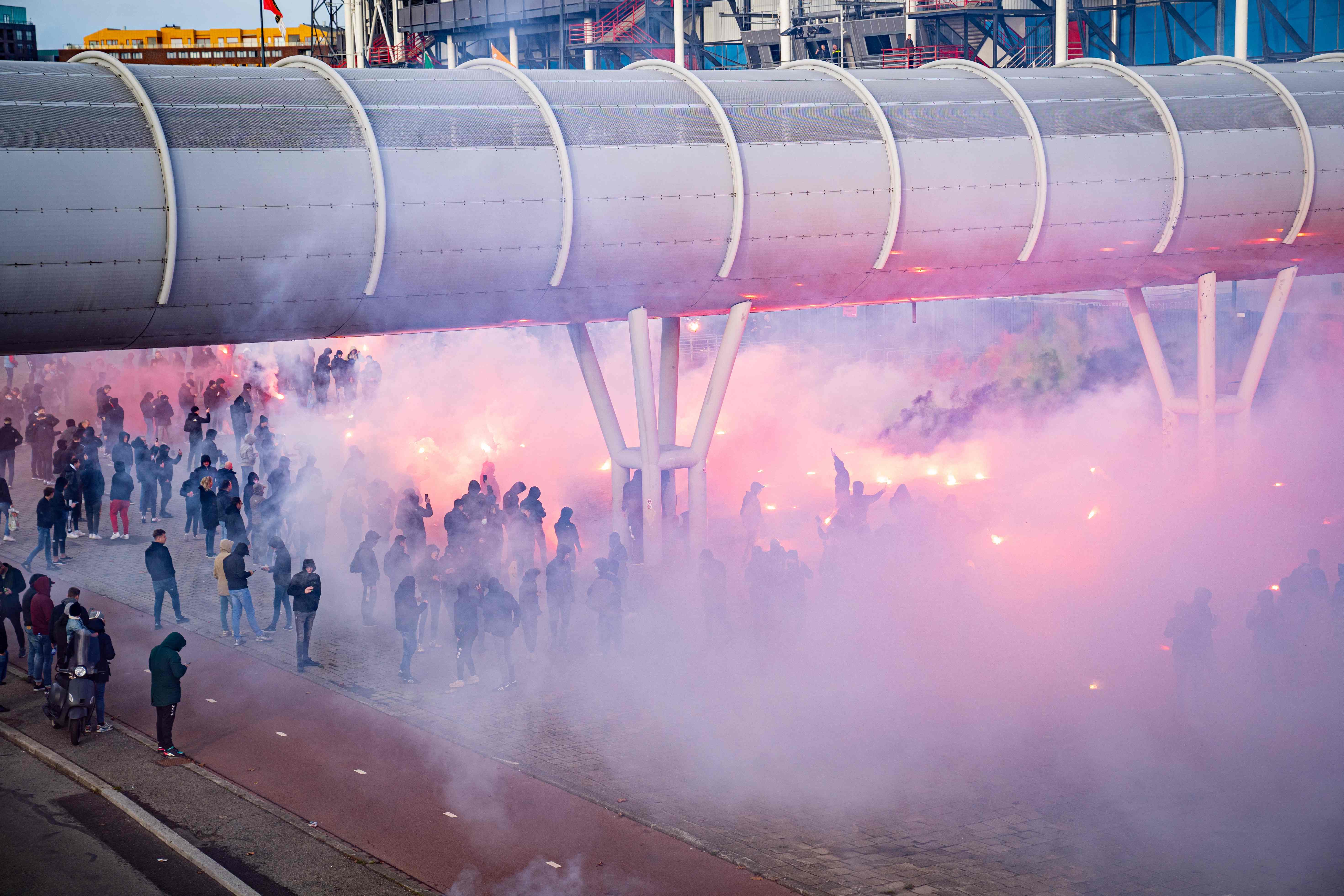 Feyenoord supporters gather around De Kuip stadium during the Dutch Eredivisie football match between Feyenoord and PEC Zwolle at the de Kuip Stadium. Credit: AFP Photo