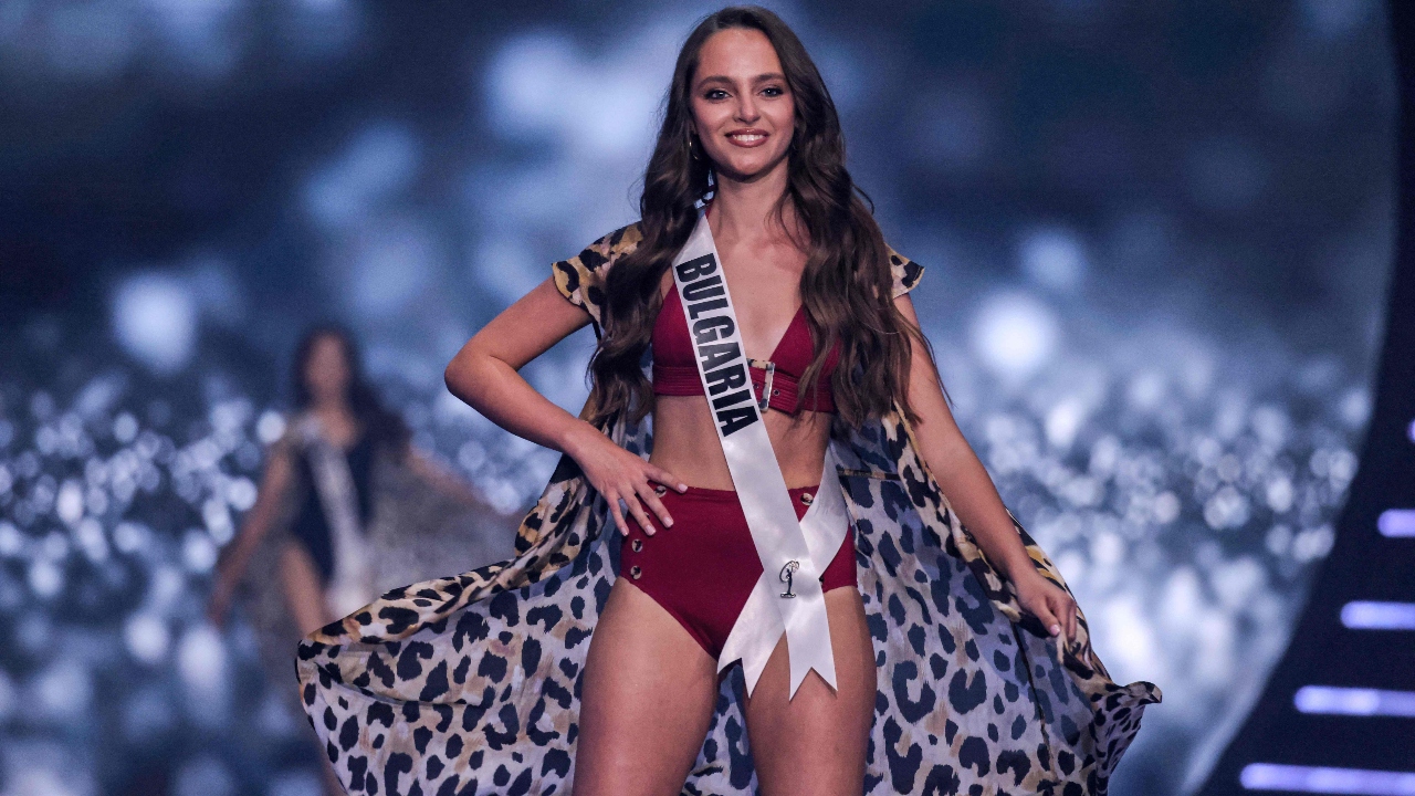 Elena Danova from Miss Bulgaria showcases herself on stage during the swimsuit competition Credit: AFP Photo