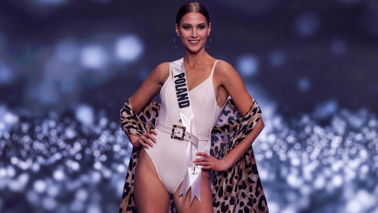 Miss Poland, Agata Wdowiak, presents herself on stage during the swimsuit competition. Credit: AFP Photo