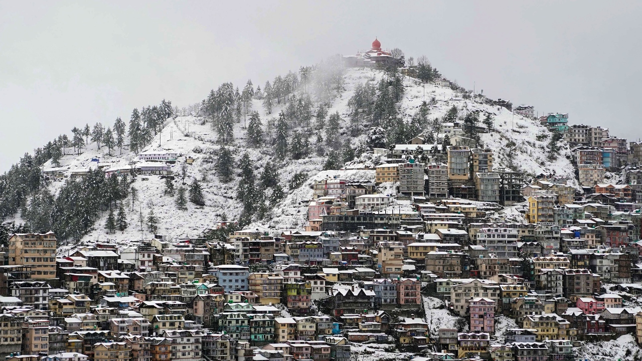 The snow-covered Sanjauli area after fresh snowfall in Shimla. Credit: PTI Photo