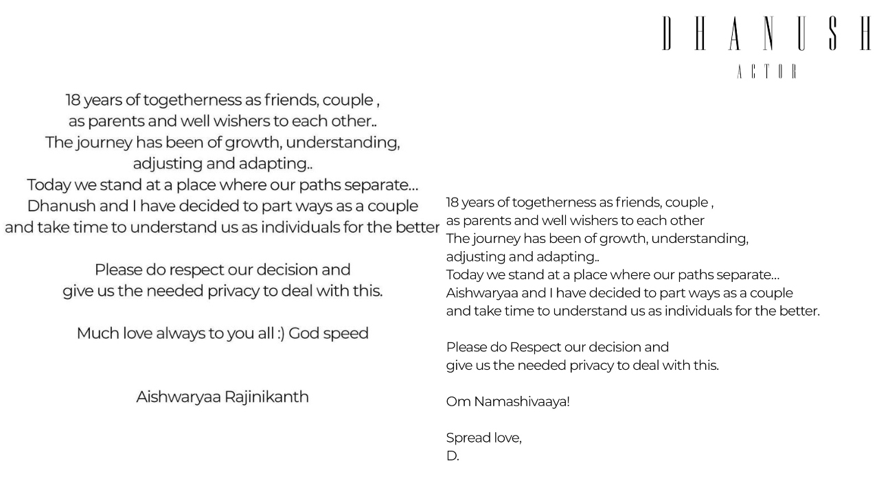 Dhanush and Aishwaryaa shared a note announcing their separation on their respective social media accounts. Here’s a peek into the journey of this powerful couple… Credit: Instagram/aishwaryaa_r_dhanush & Twitter/@dhanushkraja