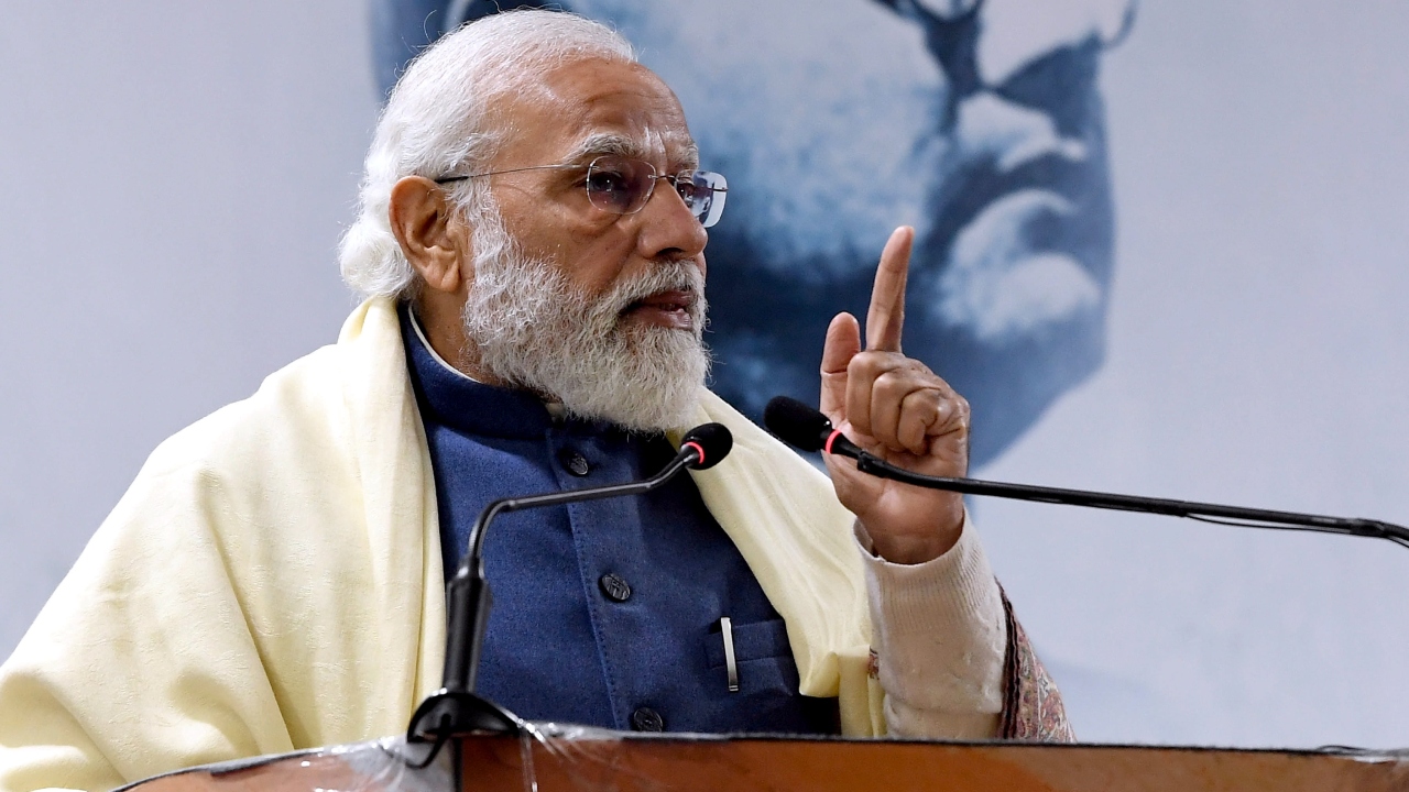 Prime Minister Narendra Modi speaks during a programme to unveil a hologram statue of Netaji Subhas Chandra Bose and confer Subhas Chandra Bose Aapda Prabandhan Puraskars for 2019 to 2022, in New Delhi. Credit: PMO