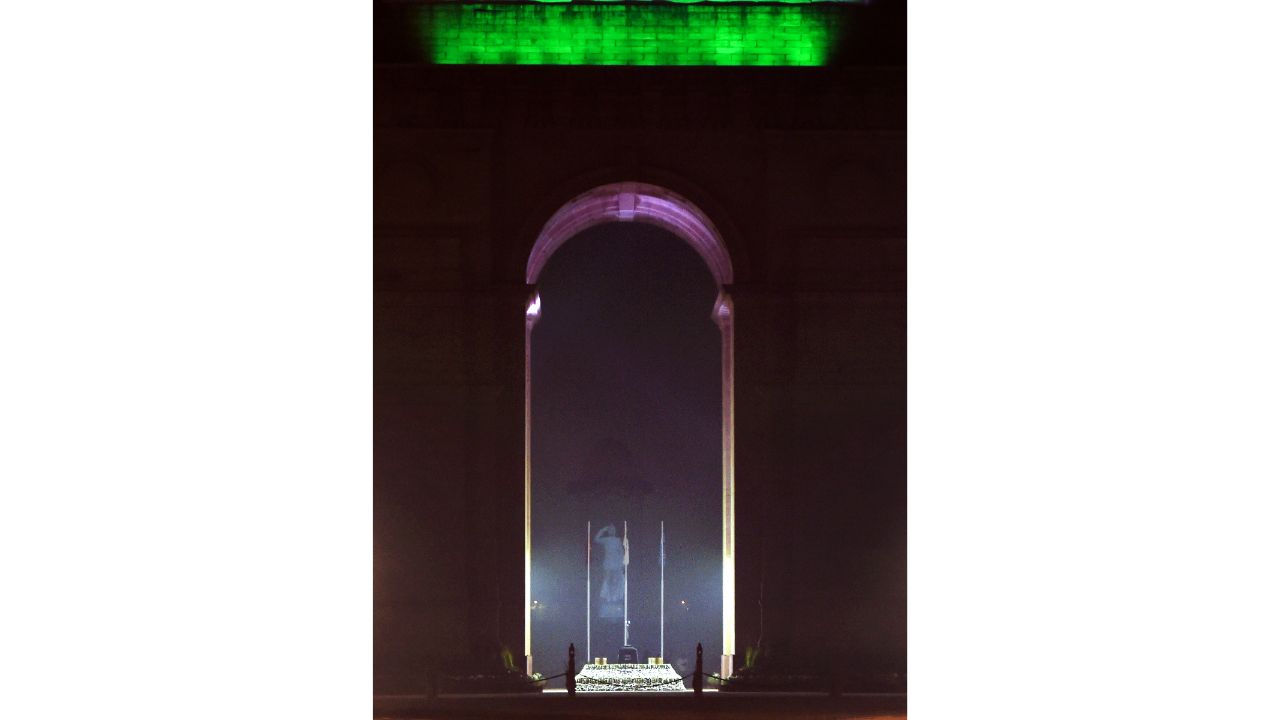 The hologram statue is powered by a 30,000 lumens 4K projector and it will be replaced with a grand statue made of granite soon. Credit: PTI Photo