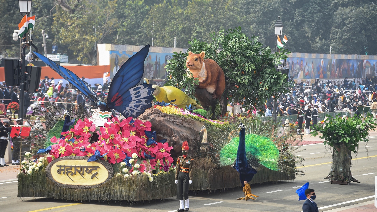 The Indian giant squirrel found in the Sahyadri mountains, a new spider species named after Mumbai policeman Tukaram Ombale who captured terrorist Ajmal Kasab during the 26/11 attack, featured in the tableau of Maharashtra that was part of the Republic Day 2022 parade. Credit: PTI Photo