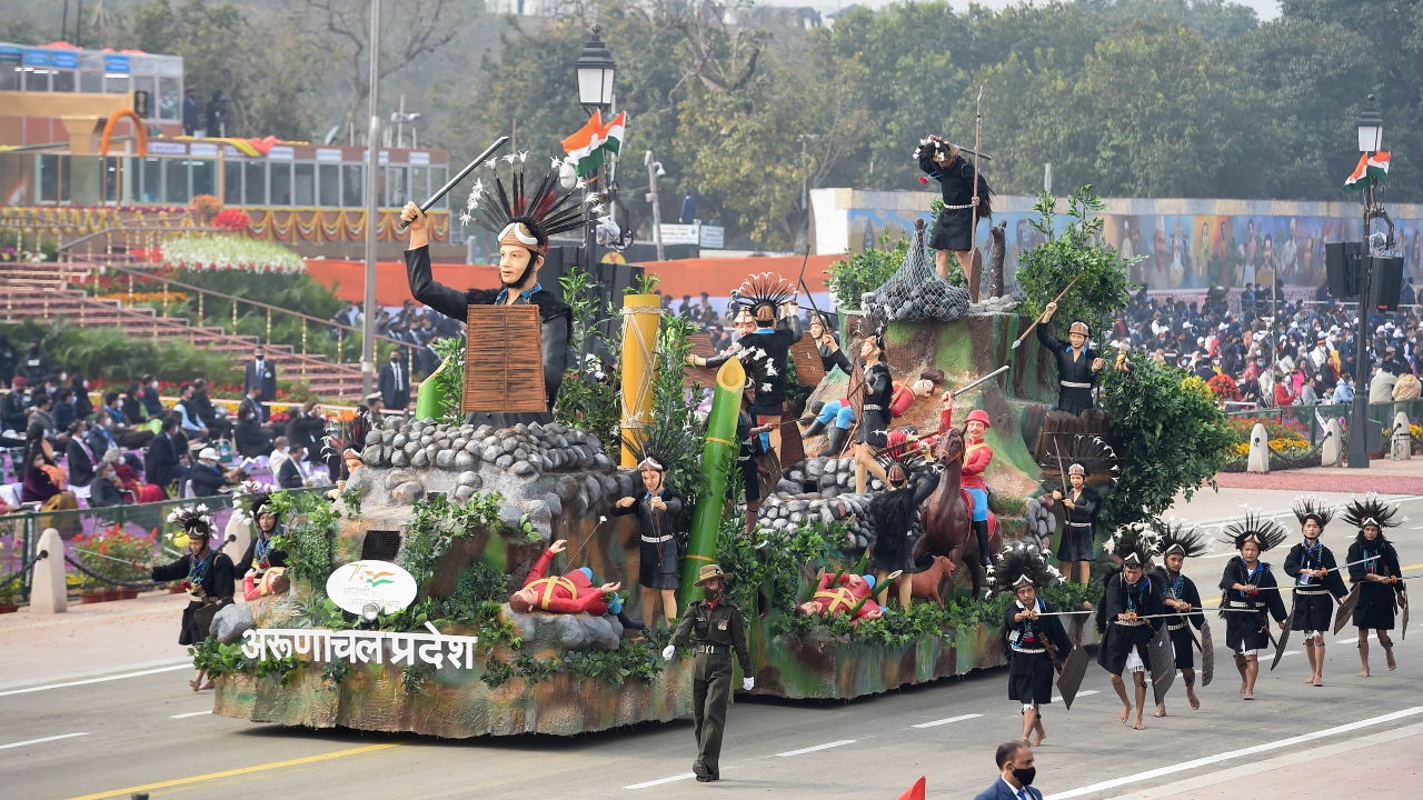 The tableau of Arunachal Pradesh depicted 'Anglo-Abor (Adi) Wars'-- resistance of the state's indigenous tribal people, particularly the Adis of Siang region who had bravely fought against the imperial policy of colonial expansion of the British rule in India. Credit: PTI Photo