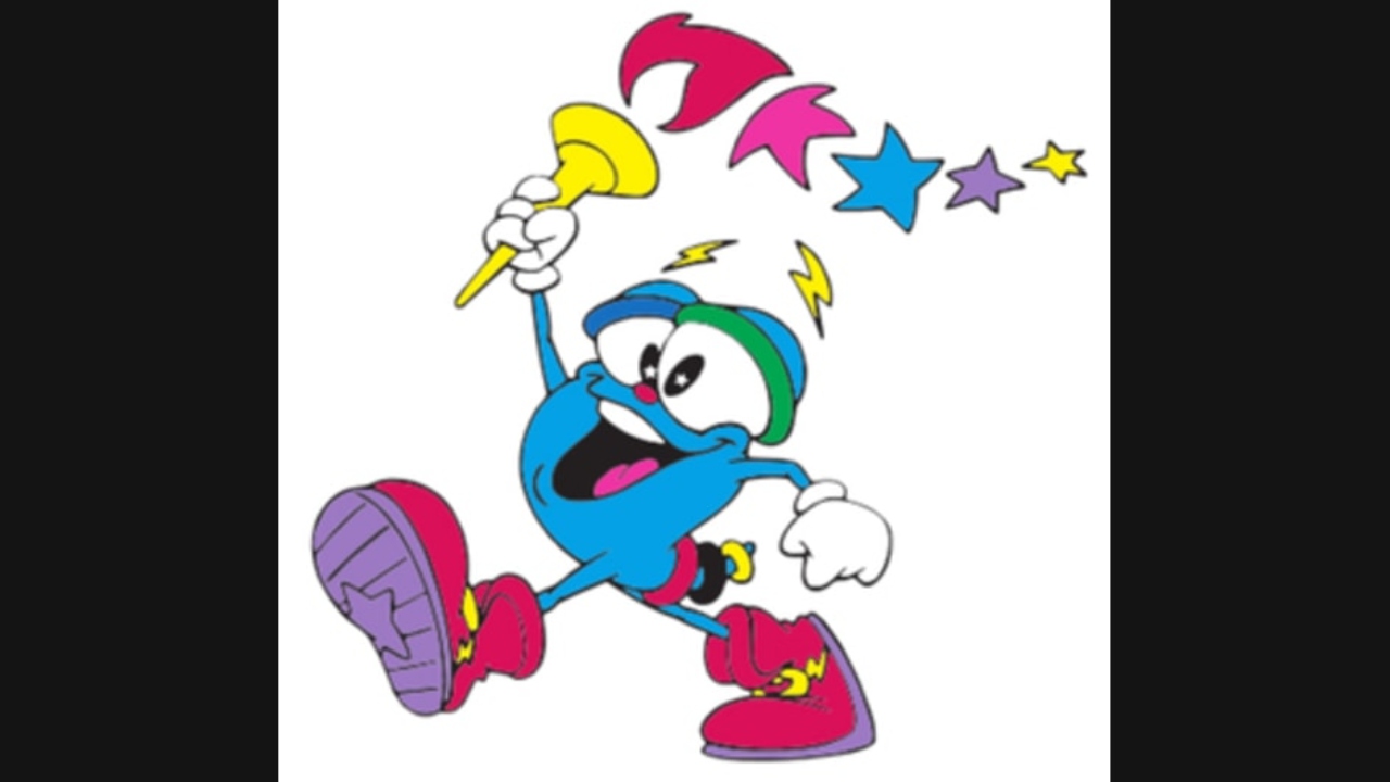 Atlanta 1996: Izzy, a product of information technology, is blue and wears training shoes. The five Olympic rings are in various places around his body. Credit: Olympics.com