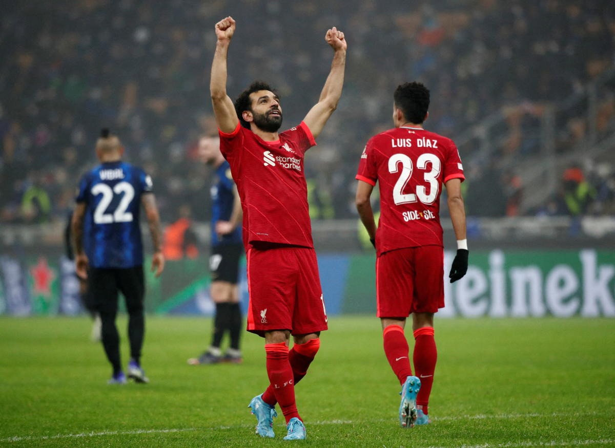 Liverpool's Mohamed Salah celebrates scoring their second goal against Inter Milan in Champions League. Credit: Reuters Photo