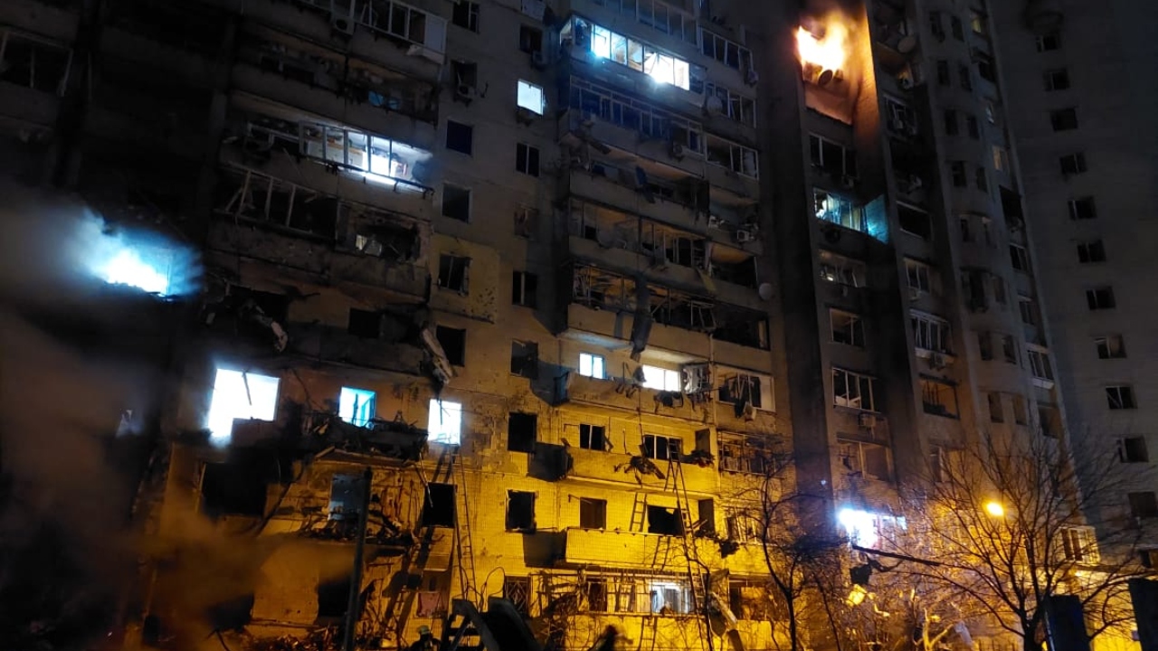 A view of a damaged residential building at Koshytsa Street, a suburb of the Ukrainian capital Kyiv. Credit: AFP Photo