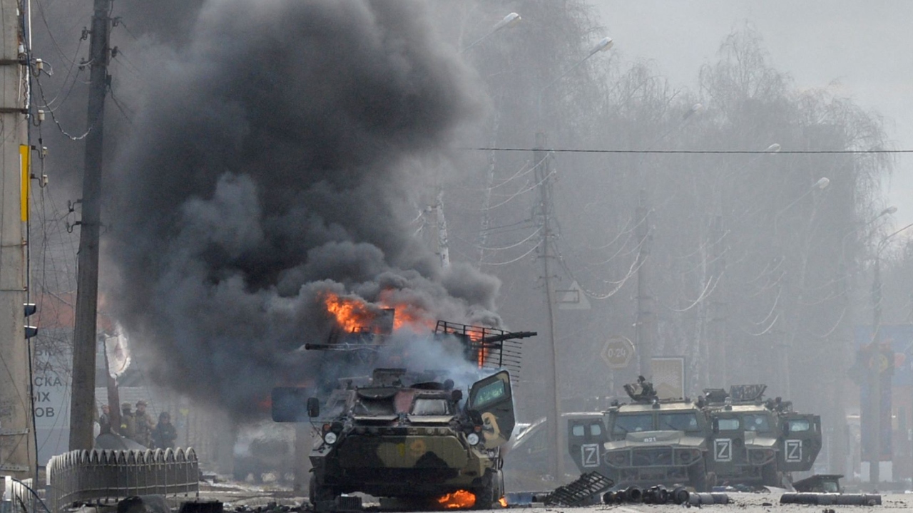 The Russian assault - especially on the Ukrainian capital Kyiv  -saw fierce resistance from the Ukrainian military and it has fought off several attacks. In this photo, Huge plumes of smoke were seen rising from a Russian Armoured personnel carrier (APC) during the fight with the Ukrainian armed forces in Kharkiv. Credit: AFP Photo